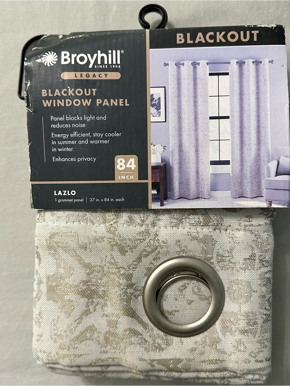 Broyhill Legacy Lazlo Blackout Curtain Window Panel 84in Taupe Beige Damask 1pc